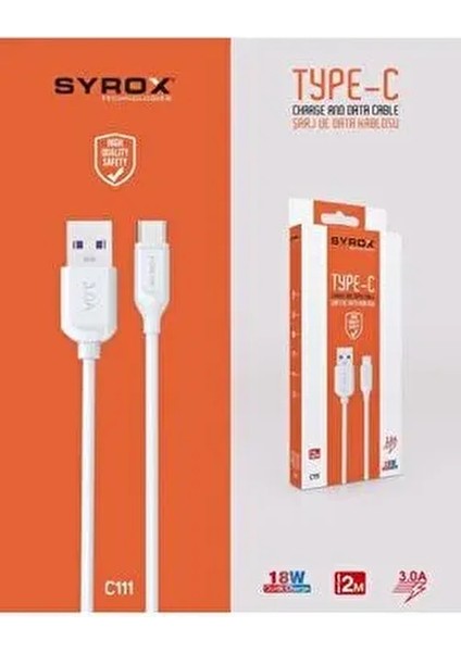 2 Metre Hızlı 3.0A Type-C Şarj Kablosu Yüksek Veri Transfer Hızı ile