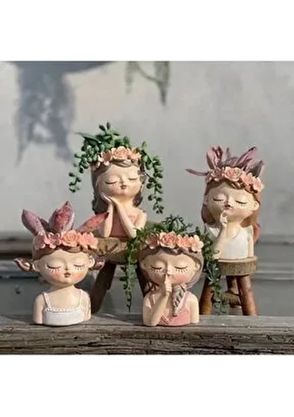 Dekoratif 4'lü Sevimli Kızlar Sukulent ve Kaktüs Saksı Seti