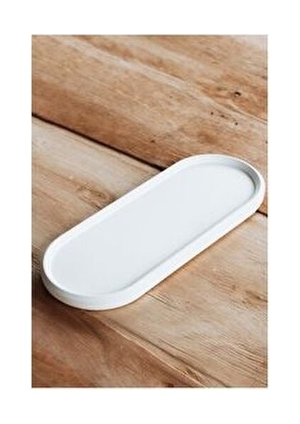 Dekoratif Uzun Beton Tepsi Altlık Biblo - Beyaz
