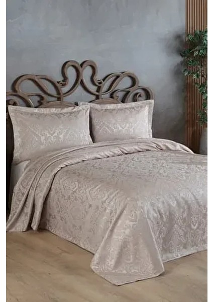 Sierra Jakarlı Çift Kişilik Yatak Örtüsü Bej Çiçekli Pamuk Polyester Orta Kalınlık