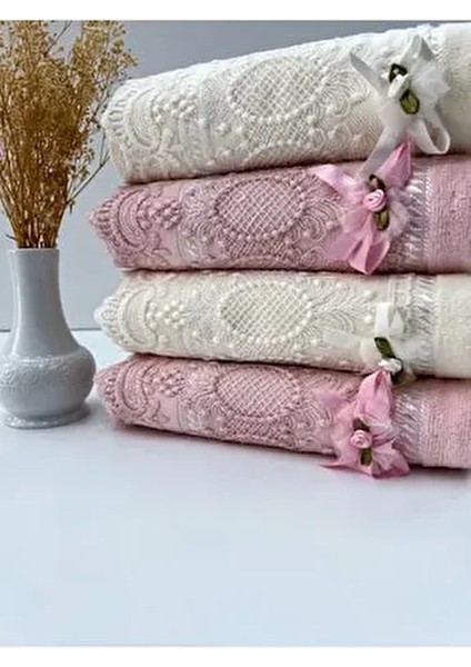 50X90 4'lü %100 Pamuklu Kadife Dantelli Güpürlü Fiyonklu Çeyizlik El ve Yüz Havlusu
