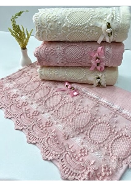 50X90 4'lü %100 Pamuklu Kadife Dantelli Güpürlü Fiyonklu Çeyizlik El ve Yüz Havlusu fiyatları