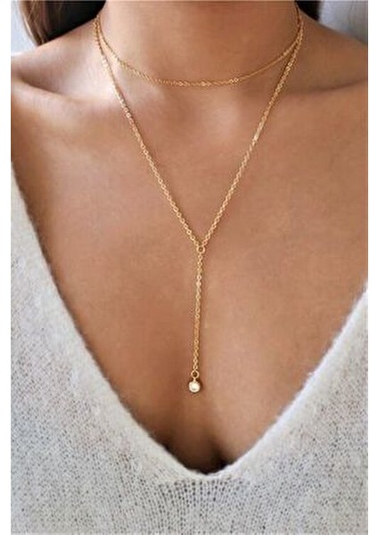 Kadın 2'li Gold Kaplama Uzun Zincir Kolye