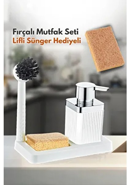 Fırçalı Sıvı Sabunluk ve Sünger Seti - Standlı Plastik Mutfak Banyo Sabunluk Lifli Sünger Hediyeli
