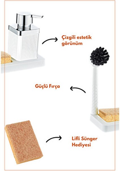 Fırçalı Sıvı Sabunluk ve Sünger Seti - Standlı Plastik Mutfak Banyo Sabunluk Lifli Sünger Hediyeli modelleri