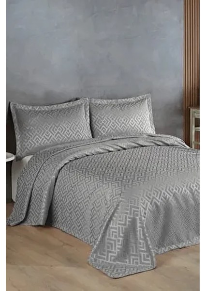 Estila Jakarlı Şönil Çift Kişilik Yatak Örtüsü Gri Geometrik Desenli Solmaya Dayanıklı