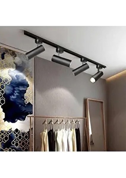 Siyah Kasa ve Gün Işığı 4 Adet 360 Derece Dönen LED Avize Lamba 1 mt Raylı Armatür Ray Avize 4