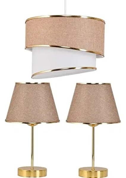 Kumaş Galaksi Modern Pasta Tekli ve 2 Li Gold Abajur Seti