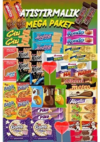 Atıştırmalık Mega Paket Bisküvi Çikolata Paketi 45 Parça Abur Cubur Paketi Tohumlu Kalem Hediyeli