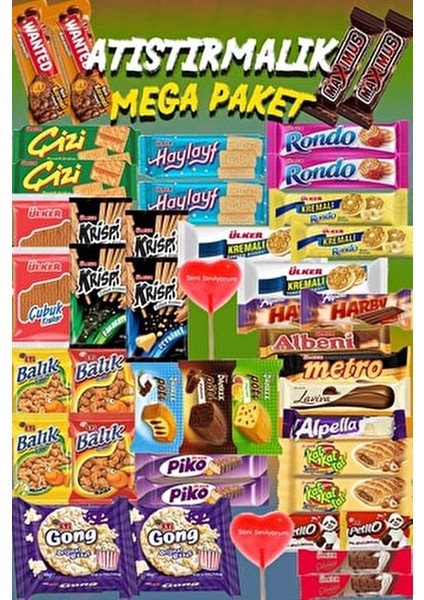 Atıştırmalık Mega Paket Bisküvi Çikolata Paketi 45 Parça Abur Cubur Paketi Tohumlu Kalem Hediyeli