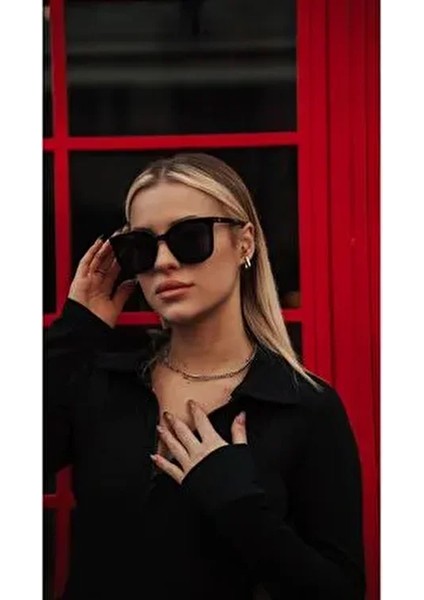 Kadın Güneş Gözlüğü Selin Geometrik Siyah Çerçeve Siyah Cam