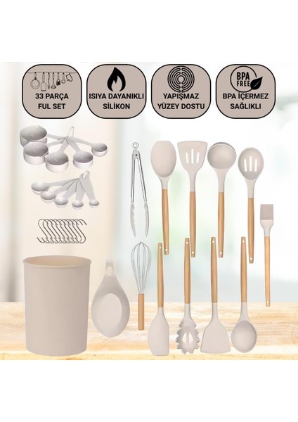 33 Parça Isıya Dayanıklı Yanmaz Yapışmaz Slikon Uçlu Ahşap Kepçe Seti Mutfak Seti Bpa Içermez Spatula Maşa Fırça Seti
