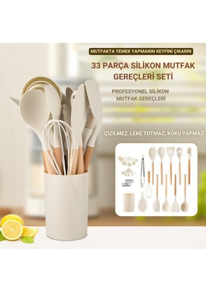 33 Parça Isıya Dayanıklı Yanmaz Yapışmaz Slikon Uçlu Ahşap Kepçe Seti Mutfak Seti Bpa Içermez Spatula Maşa Fırça Seti fırsatları