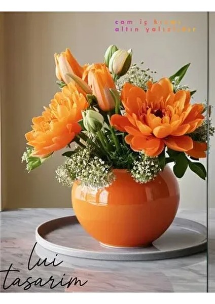 Paşabahçe Dekoratif Altın Yaldızlı Turuncu Fanus Cam Vazo