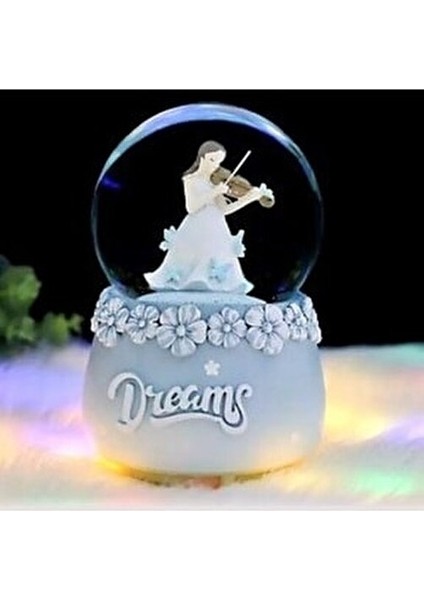 Keman Çalan Sevimli Kız Işıklı Müzikli Püskürtmeli Büyük Boy Kar Küresi