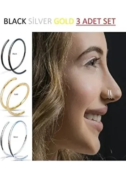, 925 Ayar Gümüş, Silver,gold,black Çift Görünümlü 3 Adet Set Halka Hızma & Küpe