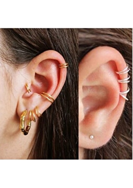 , 925 Ayar Gümüş, Silver,gold,black Çift Görünümlü 3 Adet Set Halka Hızma & Küpe