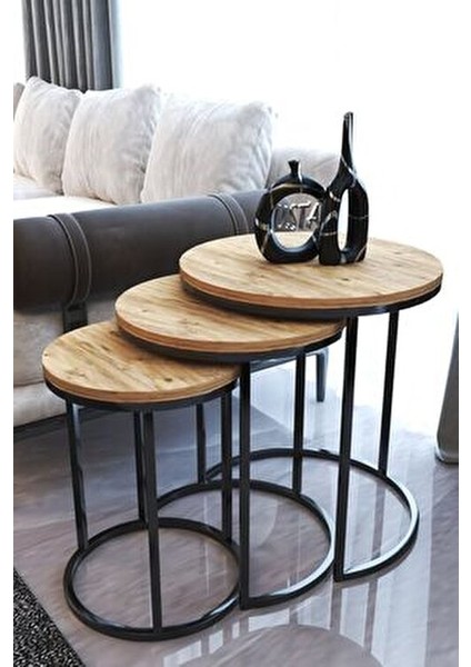 Usta Siyah Metal C Zigon Antik Çam Ahşap Zigon Sehpa