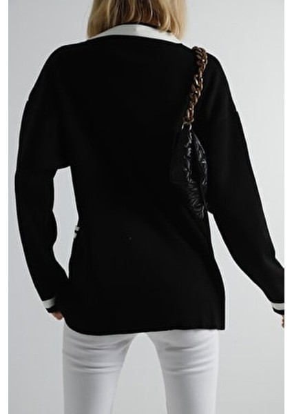 Siyah Gold Düğmeli Şerit Detaylı Oversize Triko Hırka modelleri