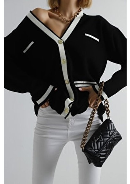 Siyah Gold Düğmeli Şerit Detaylı Oversize Triko Hırka indirimleri