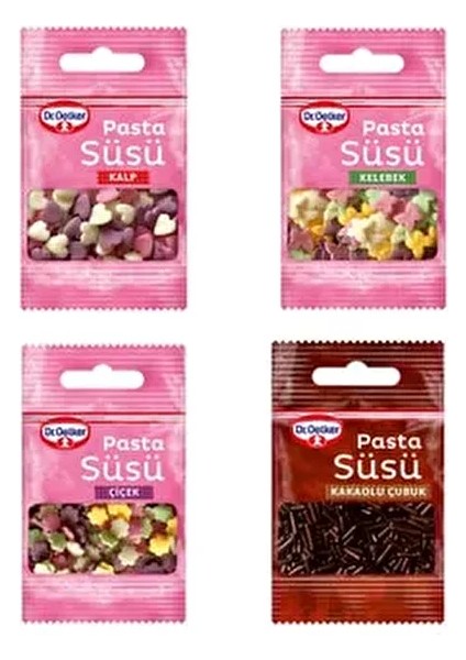 Pasta Süsü Şekerli Çubuk-Kalp-Kelebek-Kakaolu Çubuk 4'lü Set