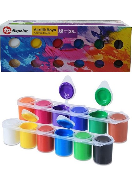 Akrilik Boya 12 Renk 1 Adet Fixpoint 25ML 12 Li Akrilik Boya Resim Dersi Tuval Ahşap Seramik Cam Taş Boya Seti
