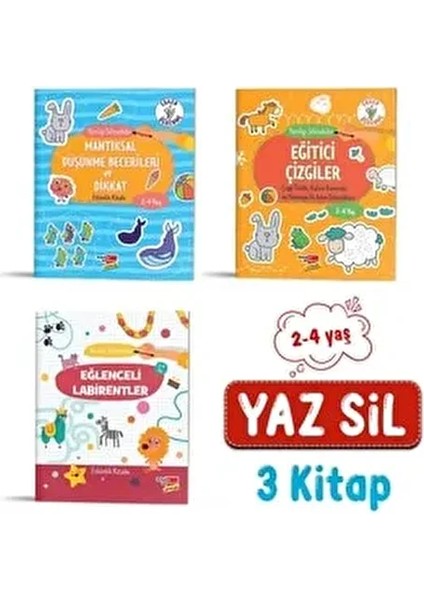 Yaz Sil 2-4 Yaş Eğitici Çizgiler ve Eğlenceli Labirentler İçeren 3 Lü Set