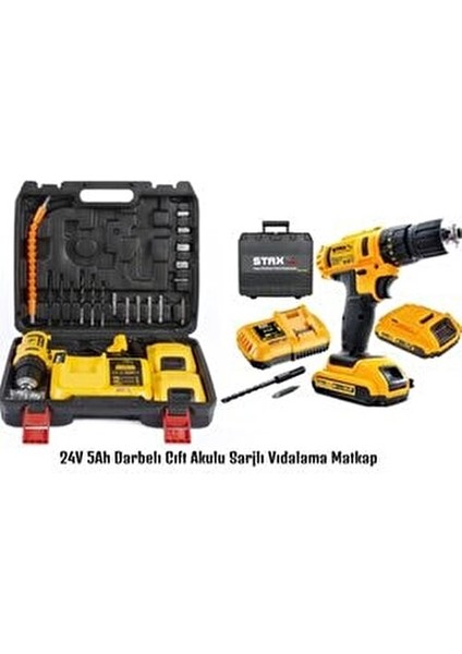 Staxx Pro Speed 24V 5AH Darbeli Çift Akülü Şarjlı Vidalama Matkap 19PARÇA Usta Seti Hediyeli fırsatları