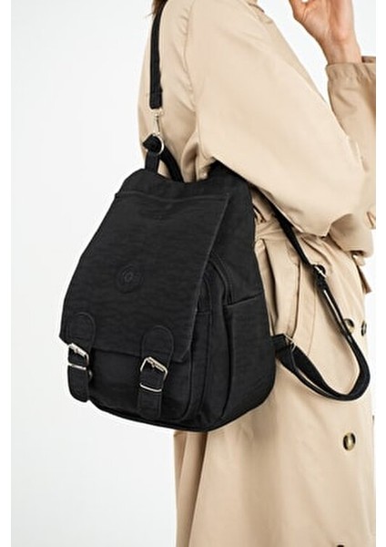 Siyah Su Geçirmez Krinkıl Kumaş Kadın Omuz ve Sırt Çantası