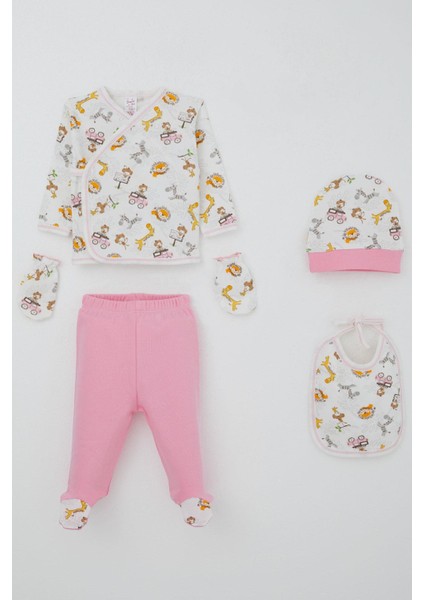 Kız Bebek Hastane Çıkışı 5 Li Safari Macerası Sevimli Hayvancıklar Desenli 0-3 Ay, Beyaz