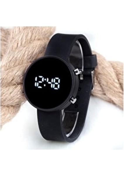 Mat Siyah Yuvarlak Dijital LED Ekran Unisex Saat 38 mm Siyah Silikon Kordon Suya Dayanıklı