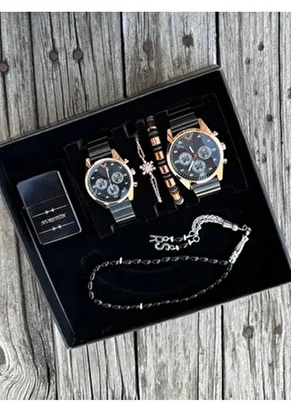 Siyah Renk Çift Kol Saatleri Çakmak Tesbih Bileklik Seti XZ1352