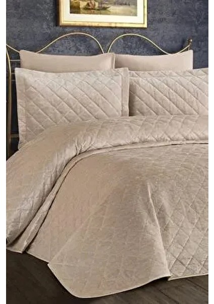 Kadife Yatak Örtüsü Çift Kişilik Pamuk Düz Desen Bej Renk 3'lü Paket