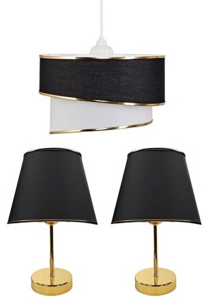 Kumaş Galaksi Modern Pasta Tekli ve 2 Li Gold Abajur Seti