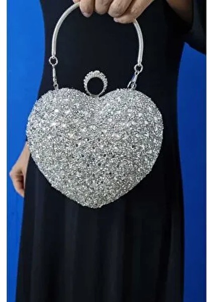 Kadın Gümüş Kristal Kalp Abiye Çantası