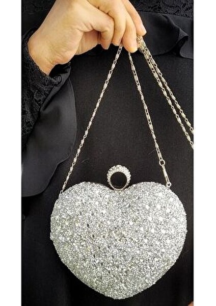 Kadın Gümüş Kristal Kalp Abiye Çantası indirimleri