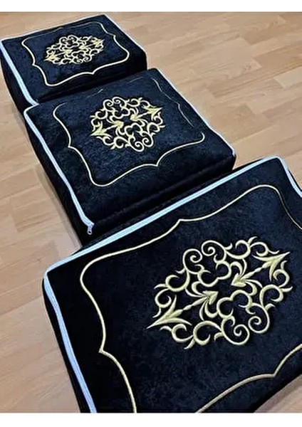Çeyizlik Kadife Gold Işlemeli 3'lü Siyah Bohça Nişan Gelin Damat Hurcu