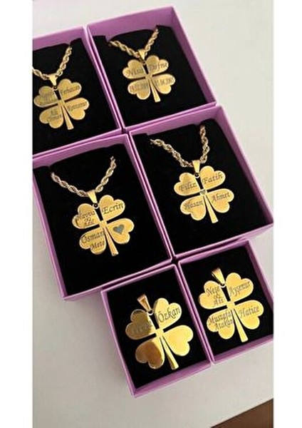 Evrim Akdamar Gold Çelik Burgu Zincir Isimli Yonca Kolye