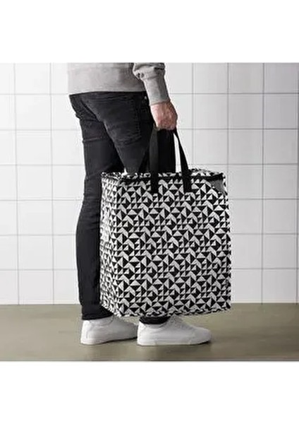 47 Lt Çamaşır Çantası 40X25X47 cm Taşıma Çantası Giysi Taşıma Çamaşır Sepeti Siyah-Beyaz