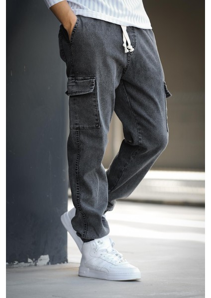 Dasser Paçası ve Beli Lastikli Slim Fit Likralı Kot Kargo Pantolon