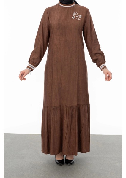 Ribanalı Eteği Büzgülü Elbise - Kahve