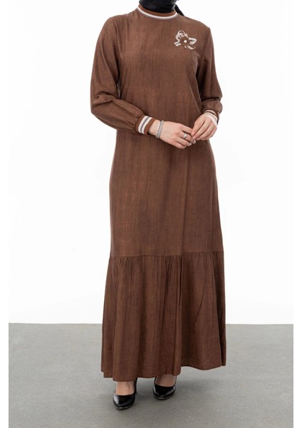Ribanalı Eteği Büzgülü Elbise - Kahve fiyatları