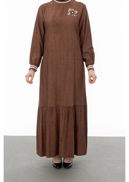 Ribanalı Eteği Büzgülü Elbise - Kahve modelleri