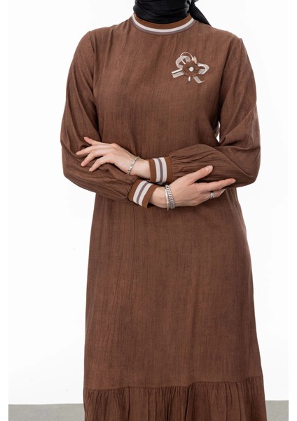 Ribanalı Eteği Büzgülü Elbise - Kahve fırsatları