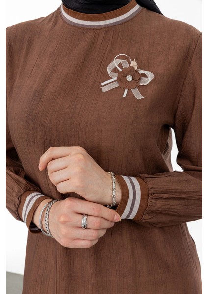 Ribanalı Eteği Büzgülü Elbise - Kahve indirimleri