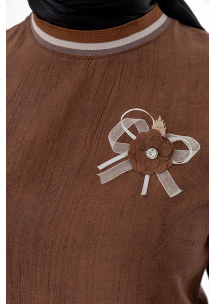 Ribanalı Eteği Büzgülü Elbise - Kahve