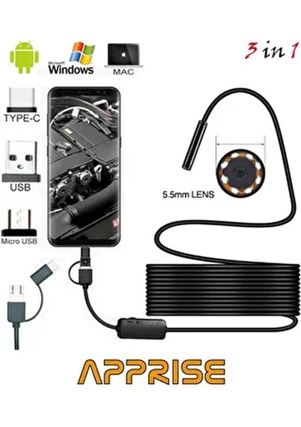 Endoskop Yılan Kamera 5 Metre 5.5mm (Sert Kablo)