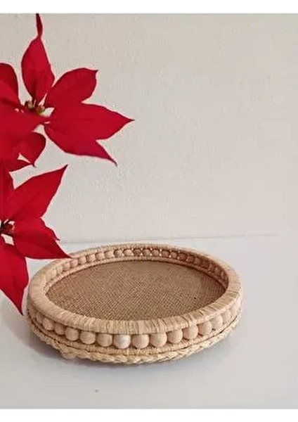 Ahşap Banyo Düzenleyici Sepet Modeli Dekoratif Ahşap Hasır Doğal Rafya Tepsi Modeli Çap 20 cm