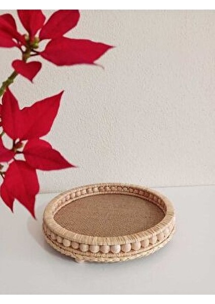 Ahşap Banyo Düzenleyici Sepet Modeli Dekoratif Ahşap Hasır Doğal Rafya Tepsi Modeli Çap 20 cm modelleri