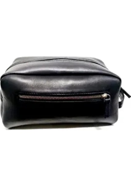 Arne Siyah Hakiki Deri Tıraş Bakım Çantası Düz Desenli Küçük Boy Ergonomik Tasarım